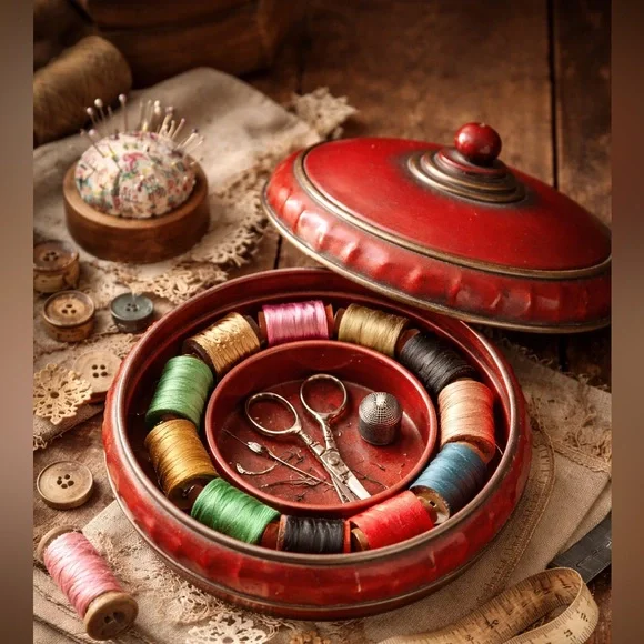 Vintage Red Metal Sewing Box w/ Thread Insert | Mid-Century Notions Tin - Picture 1 of 9